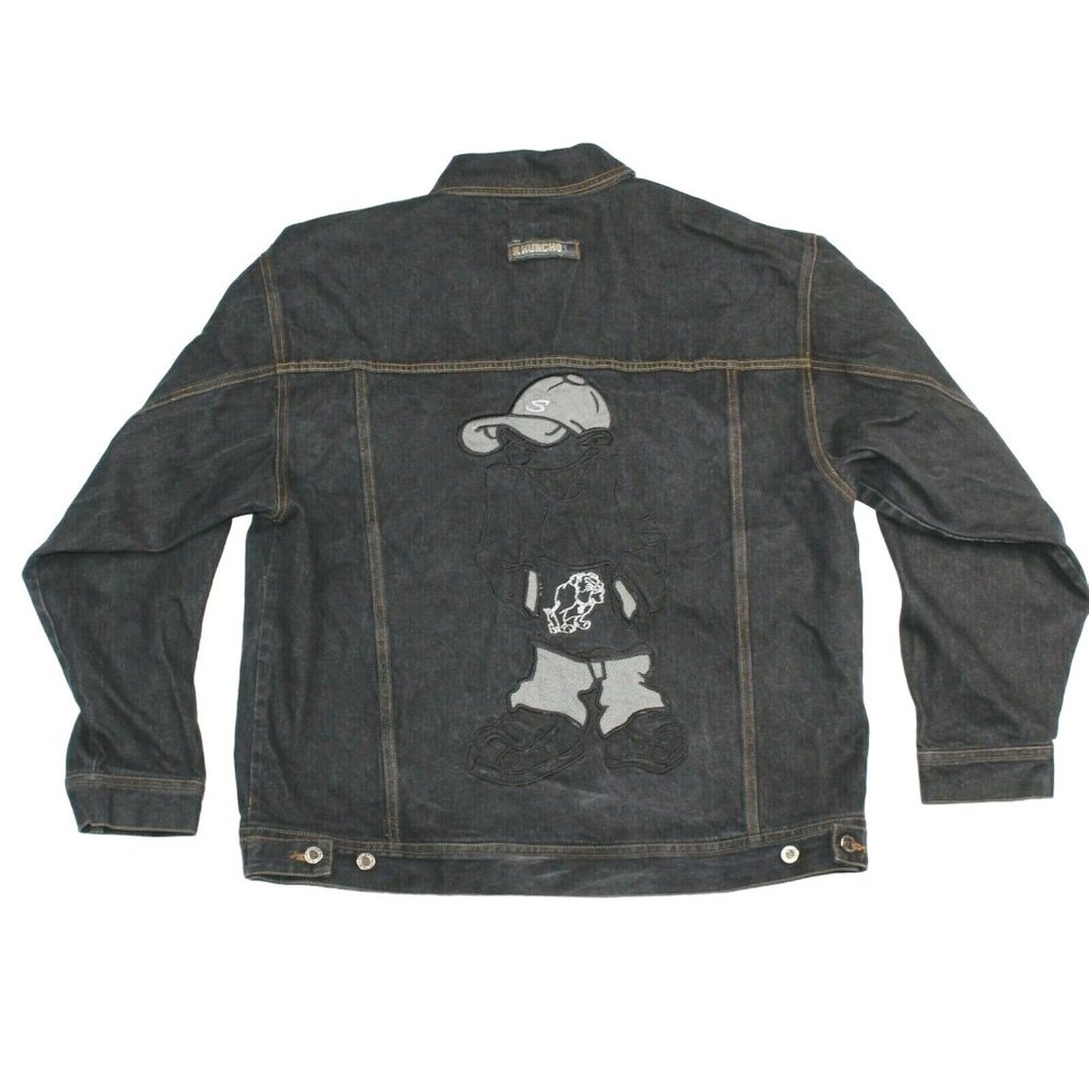 HUNCHO USA XL Black Denim Hip Hop Streetwear Prison Yard Embroidered Jean Jacket